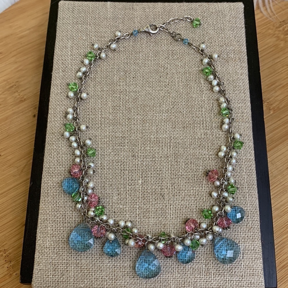 Silver Swarovski Faceted Crystal Faux Pearl Beaded 925 Statement Necklace - Picture 16 of 16